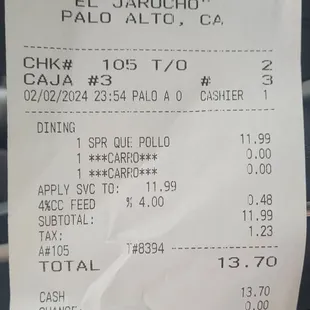 a receipt for a taqueria