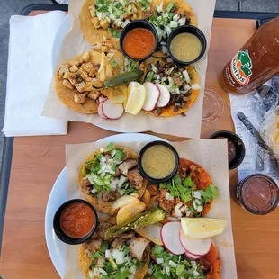 Carnitas, al Pastor, chicken and asada tacos