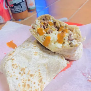 Bacon, refried beans, egg &amp; cheese burrito