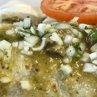 Close up on the salsa verde burrito