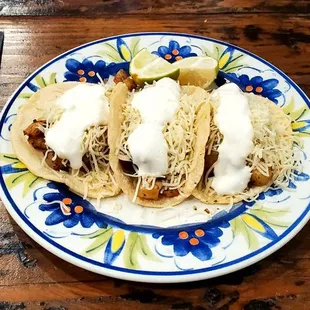 Shrimp tacos @ El Maguey! Delicioso!! I modified them: they have shrimp, beans, jack cheese, and sour cream. Perfecto!