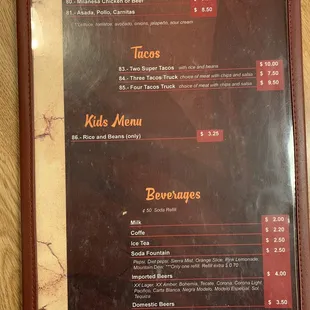 Tortas, Tacos, Kids Menu &amp; Beverages