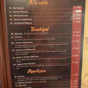 As carte, breakfast &amp; appetizers