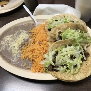 Steak(Carne asada) taco dinner, Horchata