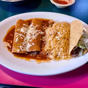 1. Taco, 2 Enchiladas with Rice or beans Combo