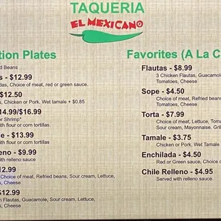 The current Menu as of 3/4/2022