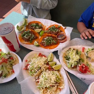 Birria tacos x 4  (top) , fish tacos (left and right) &amp; veggie tacos bottom