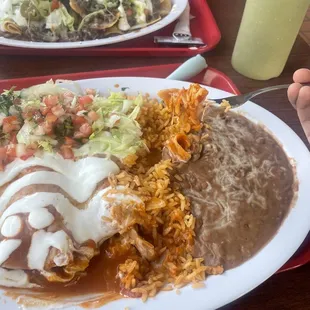 Carne asada nachos and Enchilada Plate