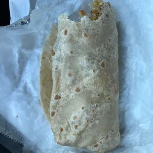 $7.50 Bacon, egg, potato breakfast burrito