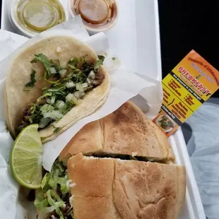 Asada torta and barbacoa taco