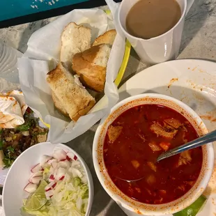 Pozole, café &amp; toasted bread (no butter)