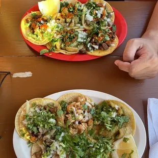 Tacos: chicharrón, pollo, carnitas, lengua, and asada