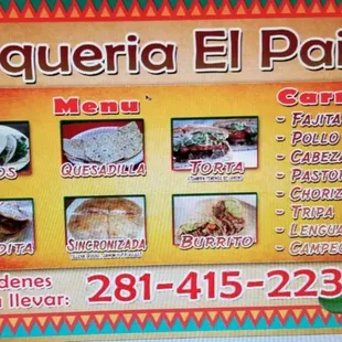 TAQUERIA EL PAISA MENU