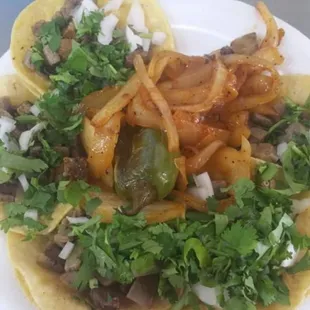 Delicious tacos with grilled onions