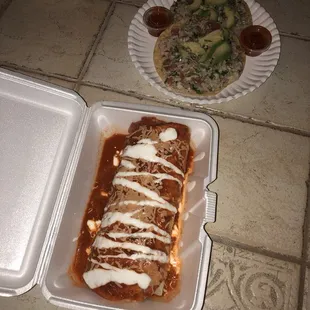 wet burrito and ceviche tostadas.