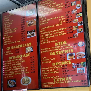 Kids/Burritos/Quesadillas/Breakfast/Desserts/Drinks/Extras Menu