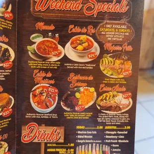 Menu for weekend specials