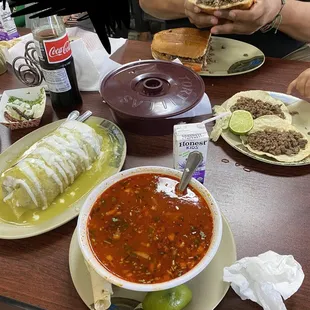 Menudo, burrito mojado, torta de asada, tacos de asada