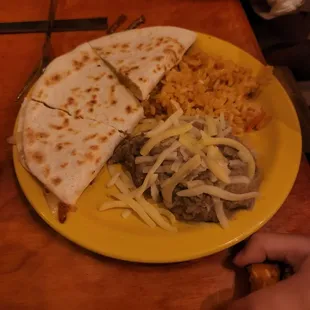 Kids cheese quesadilla with rice and beans