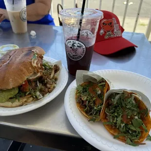 Chicken Torta and Birria Taco with refresco de Jamaica
