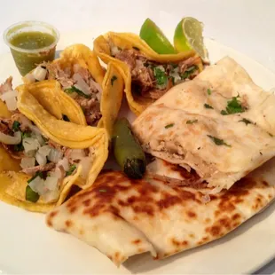 OUTSTANDING AUTHENTIC MEXICAN FOOD: 3 corn carnitas, pollo quesadilla, jalapeño salsa verde: (1+ meals) just $10!