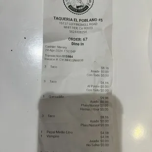 Receipt from dinner tonight. 10/10