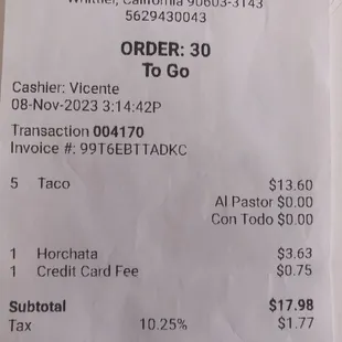 Price of what I was charged, time date, and cashier