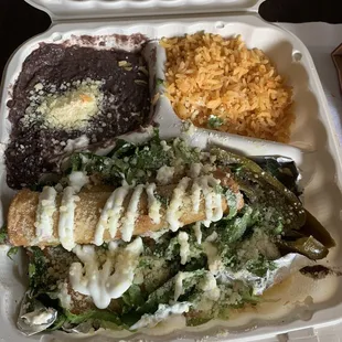 Tacos Dorados + rice &amp; beans. Rolled, fried chicken taquitos are delicious!