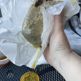 a hand holding a burrito