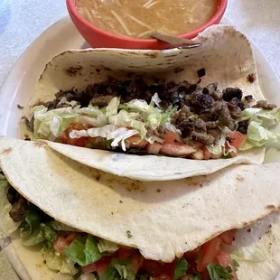 Carne Asada Tacos &amp; bowl of Fideo Soup, it was one of the specials.