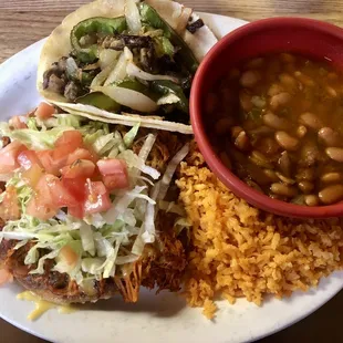 #12 Combination Plate, Shredded Chicken Chalupa with Fajita Taco, rice &amp; charro beans.