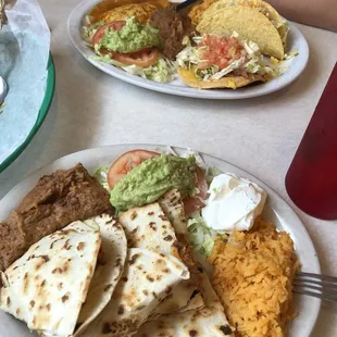 Shredded chicken quesadilla (#23 maybe?) and the puerto plate w/ an enchilada, a chalupa, and a taco (#31?)