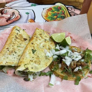Barbacoa and pastor quesadilla, tripa taco