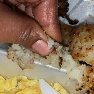 Steak egg and potatoes comes with a super greasy hash brown and a thin peace of charred burnt steak.