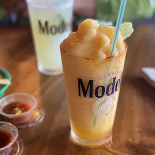 Passion Fruit Li Hing margarita in the front, house double margarita in the back