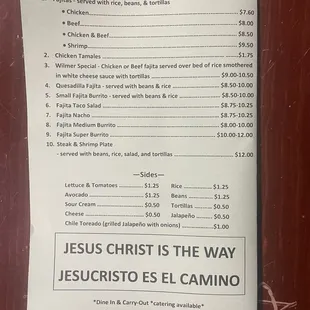 Menu - fajitas and sides