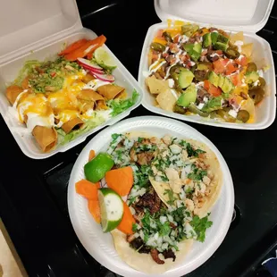 Taquitos, lengua nachos, tacos