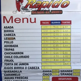 Menu as of 2/4/18