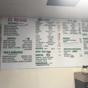 a menu on the wall