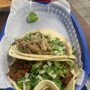 Carnitas and chorizo tacos