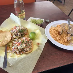 Ceviche and side of beans and rice and guac