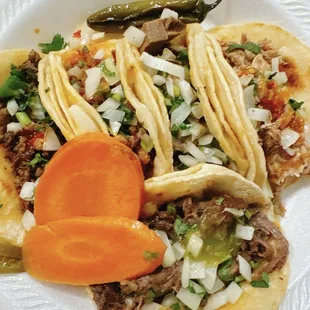 Taco de Birria, Lengua, Cabesa, Pastor, and Carnitas.