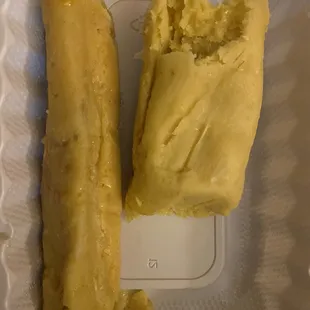 Chicken Tamal (skinny one on the left)  Tamal de Elote con Crema