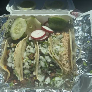 Al Pastor, Grilled Steak and Pollo tacos! Salsa is soooo good!