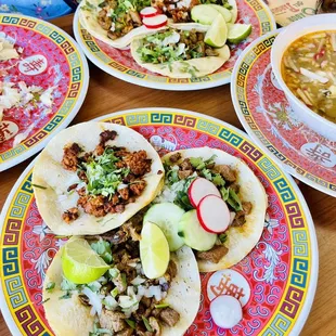 Chorizo, carne, and pastor tacos