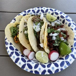 From left to right: flor de calabaza (squash blossom), nopal (cactus), barbacoa, and Al Pastor