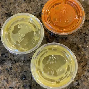 three different flavors of sauce