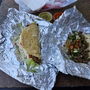 Hard Shell Taco Al Pastor and taco de asada