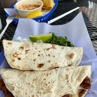 Barbacoa and Carnitas tacos and enchilada and crunchy taco plate- delicious
