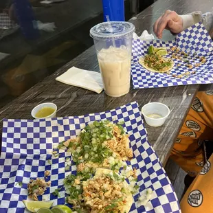 Chicken tacos with agua de horchata